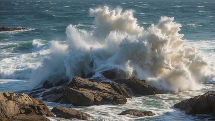 Poster - Powerful Ocean Waves Crashing Against Rocky Coastline Creating Stunning Water Spray and Foam in Dramatic Seascape Scene