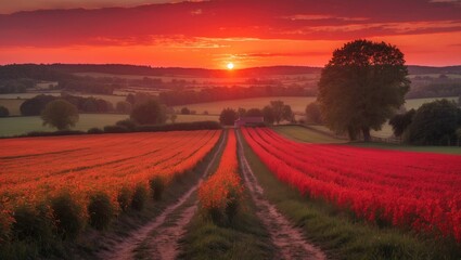 Wall Mural - breathtaking sunset over vibrant fields in the countryside with rich red and orange hues illuminatin
