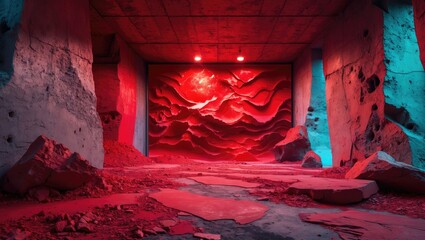 Poster - Dynamic red abstract textured wall with illuminated patterns in a grungy environment showcasing raw materials and dramatic lighting.