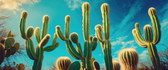 Poster - Vibrant Cactus Against a Clear Blue Sky with Cumulus Clouds Ideal for Backgrounds and Text Overlay in Nature-Themed Designs