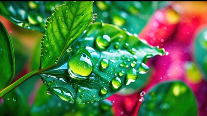 Poster - Water droplets glistening on vibrant green leaves symbolizing freshness and nature's beauty in macro photography