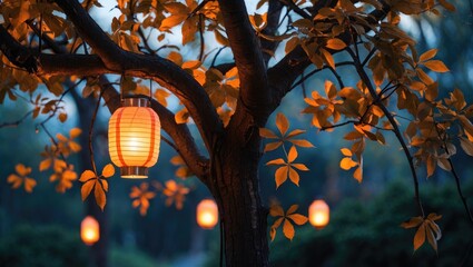 Poster - Enchanting tree adorned with glowing lanterns illuminating golden leaves in a serene evening landscape.