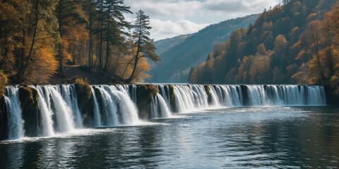 Poster - Serene Waterfalls Cascading Into Lake Surrounded By Autumn Foliage With Clear Space For Text Overlay