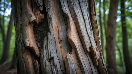 Poster - Detailed close-up of weathered wood texture on a forest tree, showcasing natural patterns and rich earthy tones in a serene woodland setting.
