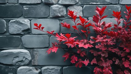 Poster - Vibrant red leaves of Parthenocissus tricuspidata on textured gray stone wall creating a striking contrast and inviting visual interest.