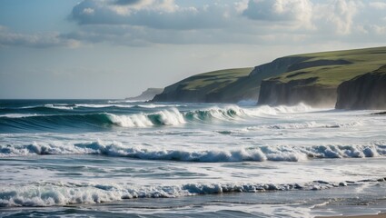 Poster - Waves Crashing Against Rocky Peninsula Under Cloudy Skies With Room For Text Addition