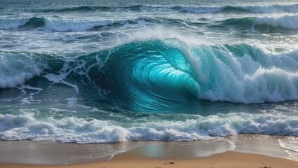 Poster - Majestic ocean wave crashing on sandy beach with vibrant turquoise colors and dynamic foam creating a serene coastal atmosphere