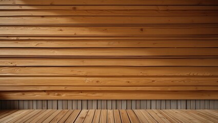 Poster - Wooden wall texture of a newly constructed house featuring natural brown oil finish on smooth planks and a wooden floor.