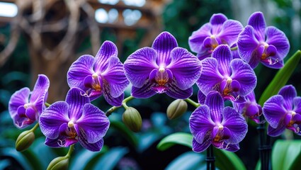 Poster - Vibrant violet orchids in close-up surrounded by lush greenery in a botanical garden setting showcasing nature's beauty.