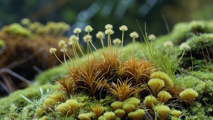 Poster - Detailed view of diverse moss species showcasing unique textures and colors in a lush forest environment. Beauty of nature captured in macro.