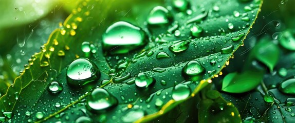 Poster - Macro shot of fresh green leaves adorned with glistening water droplets showcasing nature's beauty and vibrant colors.