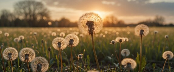 Poster - Dandelion Field at Sunset with Glowing Light and Soft Focus Capturing Nature's Beauty and Tranquility in a Vintage Aesthetic
