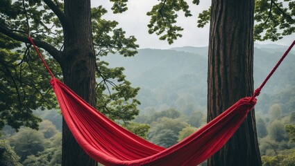 Poster - Serene Landscape with a Red Hammock Suspended Between Two Trees Surrounded by Lush Green Foliage and Mountainous Background.