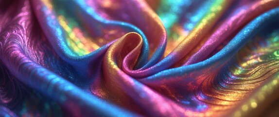 Poster - Vibrant iridescent fabric texture showcasing a luxurious blend of rainbow colors for creative design and artistic applications