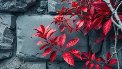 Poster - Vibrant red Parthenocissus tricuspidata leaves on a textured gray stone wall creating a striking contrast and inviting natural beauty.
