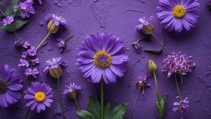 Poster - Vibrant violet floral arrangement on textured background ideal for creative design projects and artistic presentations.
