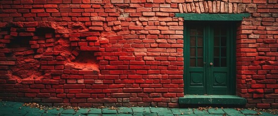 Poster - Vibrant red brick wall with a rustic green door showcasing architectural textures and contrasting colors in an urban setting.