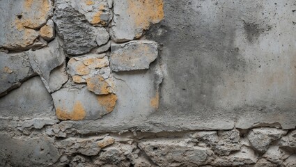 Poster - Cement wall texture featuring cracked surface and weathered stones in muted tones suitable for backgrounds and architectural designs