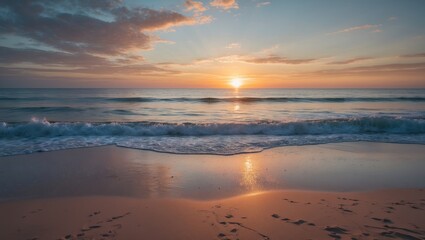 Poster - serene sunrise over tranquil beach with gentle waves reflecting soft light