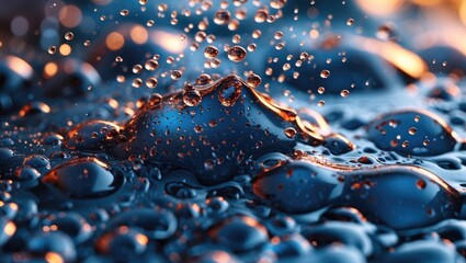 Poster - Liquid droplets on a surface creating a captivating abstract background with shimmering highlights in blue and orange tones.