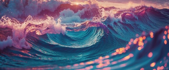 Poster - Vibrant ocean wave textures illuminated by sunset with sparkling reflections creating a dynamic and serene coastal scene.