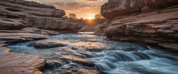 Poster - Sunrise Reflection Over Calm Waters Flowing Between Rocky Outcrops With Space For Text And Scenic Natural Landscape Background