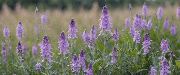 Poster - Vibrant Purple Spotted Knapweed Flowers Bloom in Meadow Surrounded by Green Foliage with Space for Text Overlay and Nature Background