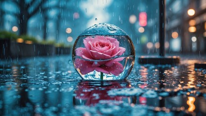 Poster - Elegant pink rose in a glass orb reflecting raindrops on a rainy day with an abstract urban background creating a serene atmosphere.