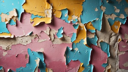 Poster - Vintage wall texture featuring vibrant peeling paint in blue, yellow, and pink hues, creating an aged and rustic appearance.