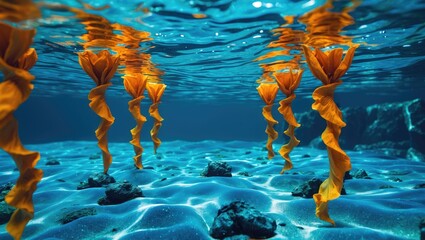 Poster - Underwater Scene with Vibrant Orange Coral-like Structures Against a Blue Seawater Background Featuring Text Space for Customization