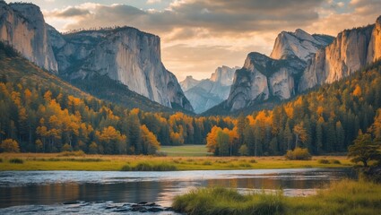 Poster - Scenic Autumn Landscape of National Park Featuring Majestic Mountains and Serene River with Copy Space for Text Elements