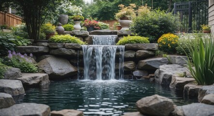 Poster - Tranquil Garden Waterfall Surrounded By Lush Foliage And Flowers With Space For Text Overlay In Serene Backyard Setting