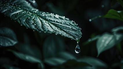 Poster - Water Droplet on Leaf Surrounded by Dark Green Foliage with Selective Focus Highlighting Natural Beauty and Freshness