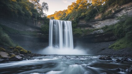 Poster - Majestic waterfall captured in long exposure showcasing flowing water and serene landscape with ample empty space for text or graphics.
