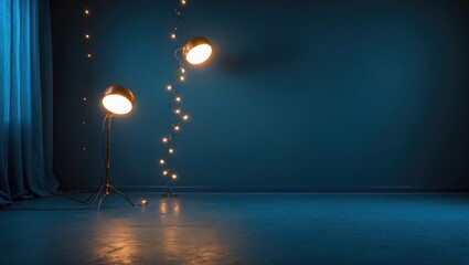 Poster - Vintage lighting with floor lamps illuminating dark blue background and decorative fairy lights creating a cozy ambiance in a serene space.