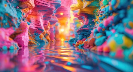 Poster - Vibrant abstract landscape with colorful rock formations and reflective water creating a dreamy, surreal atmosphere.