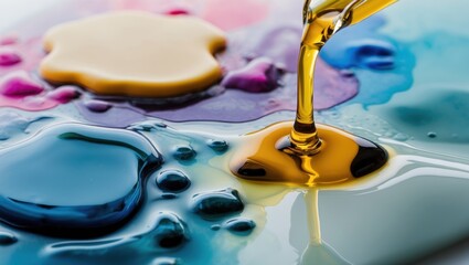 Poster - Fluid dynamics of oil and water in vibrant macro photography showcasing colorful patterns and textures created by their interaction