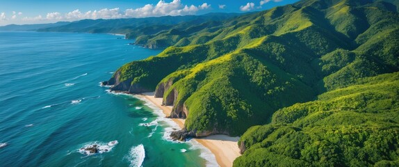 Wall Mural - Breathtaking Aerial View of Lush Green Mountains Meeting Serene Coastal Waters and Stunning Beaches
