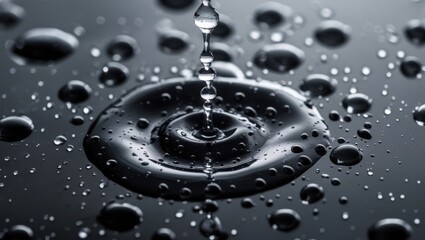 Poster - Droplets of water creating ripples on a smooth black glass surface in a close-up shot showcasing texture and reflection details.