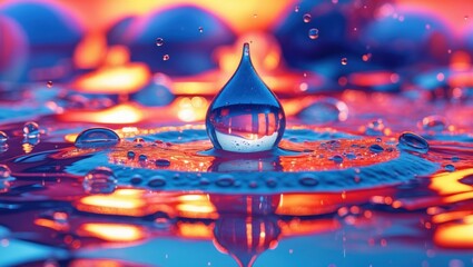 Poster - Vibrant water droplet creating ripples with stunning reflections in a colorful backdrop suitable for abstract backgrounds and nature themes