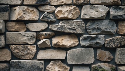 Poster - Natural stone wall texture featuring a variety of shapes and colors creating an organic and rustic aesthetic for architectural design.