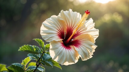 Poster - vibrant hibiscus flower illuminated by sunlight against a soft nature backdrop showcasing the beauty of flora in a serene setting