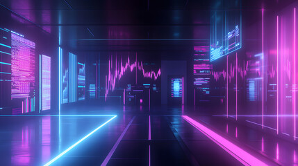 Poster - Futuristic trading terminal virtual space digital art neon environment panoramic view luxury brightness