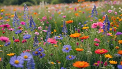 Poster - Colorful Wildflower Meadow in Full Bloom with Diverse Flora and Lush Green Grass Ideal for Nature and Landscape Themes