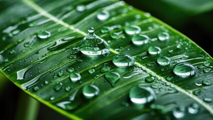 Poster - Macro shot of water droplets on lush green banana leaf showcasing nature's beauty and refreshing clarity in a tropical setting.