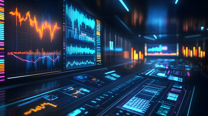 Poster - Futuristic trading terminal experience high-tech environment digital workspace neon lights virtual finance concepts