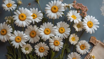 Poster - Daisies Spread Elegantly on Vintage Surface Showcasing Freshness and Natural Beauty in Floral Arrangement for Home Decor