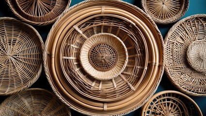 Poster - Woven rattan tray collection showcasing intricate textures and traditional craftsmanship in a circular arrangement on a blue background