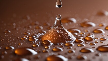 Poster - Water droplets creating a dynamic pattern on a rich brown surface showcasing texture and light reflections.