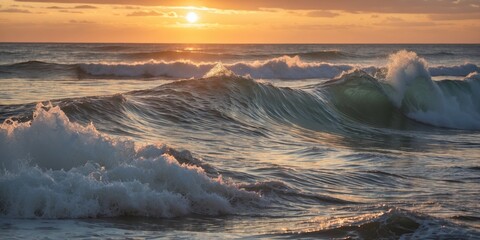 Poster - sunset waves creating a serene seascape with tranquil reflection and space for custom text overlay
